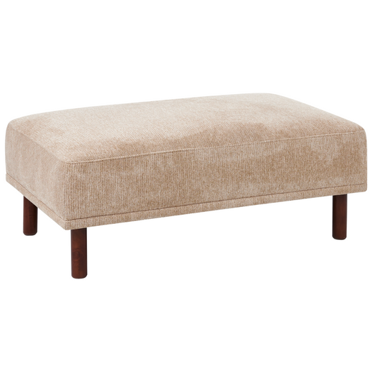 Pouf in tessuto beige rettangolare con solide gambe in legno verniciato stile minimalista