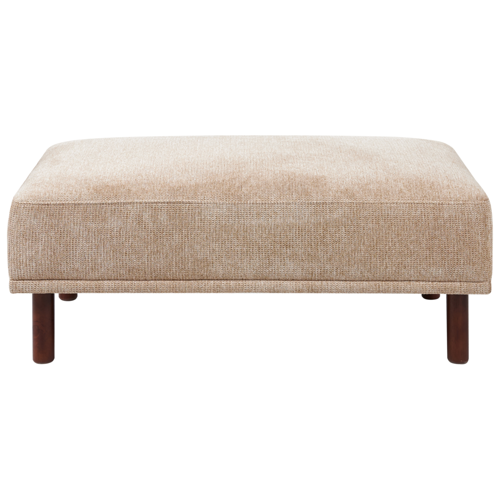 Pouf in tessuto beige rettangolare con solide gambe in legno verniciato stile minimalista