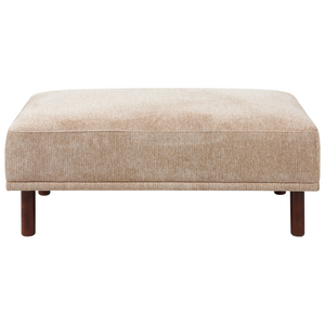 Pouf in tessuto beige rettangolare con solide gambe in legno verniciato stile minimalista