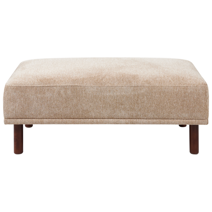 Pouf in tessuto beige rettangolare con solide gambe in legno verniciato stile minimalista