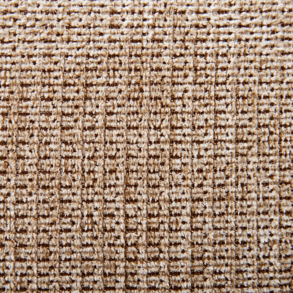 Pouf in tessuto beige rettangolare con solide gambe in legno verniciato stile minimalista