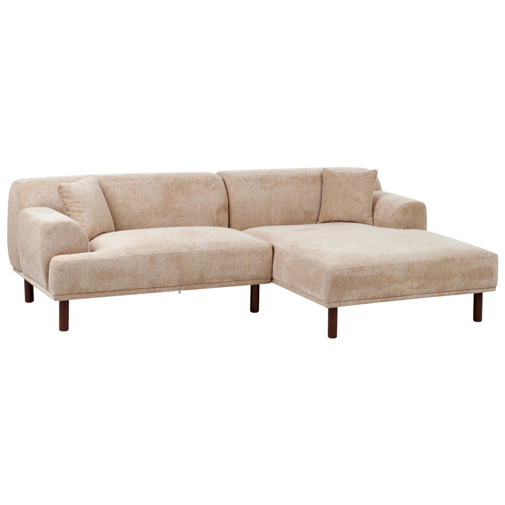 Divano ad angolo sinistro in tessuto beige lato sinistro e gambe in legno stile minimalista