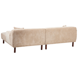Divano ad angolo sinistro in tessuto beige lato sinistro e gambe in legno stile minimalista