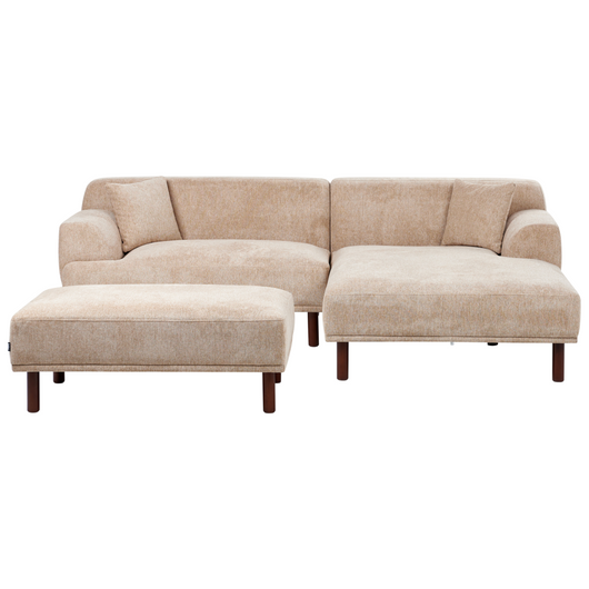Divano ad angolo sinistro in tessuto beige lato sinistro con pouf e gambe in legno stile minimalista
