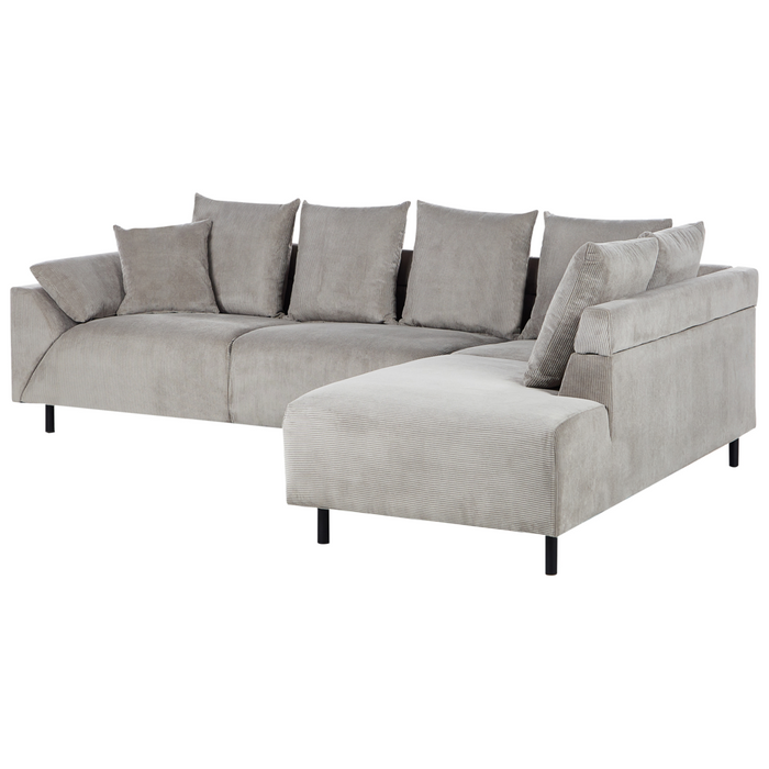 Divano ad angolo in velluto a coste grigio chiaro e gambe in metallo design retrò stile moderno