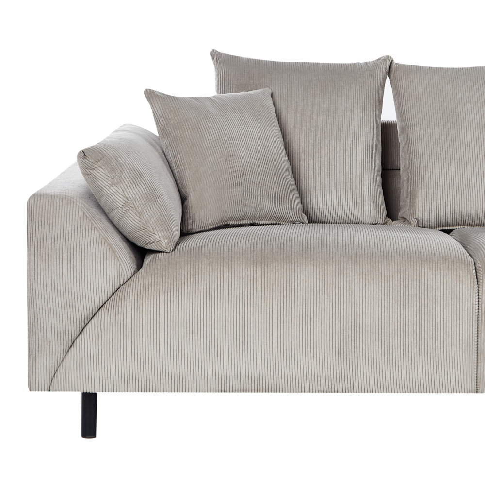 Divano ad angolo in velluto a coste grigio chiaro e gambe in metallo design retrò stile moderno