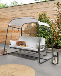 Dondolo da giardino Altalena da patio grigio chiaro con telaio in acciaio a 3 posti per esterni idrorepellente