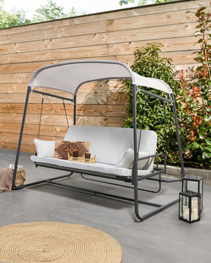 Dondolo da giardino Altalena da patio grigio chiaro con telaio in acciaio a 3 posti per esterni idrorepellente