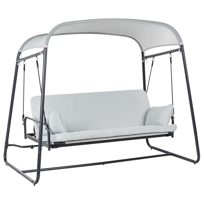 Dondolo da giardino Altalena da patio grigio chiaro con telaio in acciaio a 3 posti per esterni idrorepellente