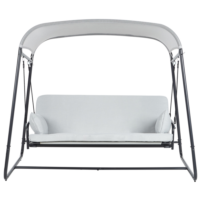 Dondolo da giardino Altalena da patio grigio chiaro con telaio in acciaio a 3 posti per esterni idrorepellente