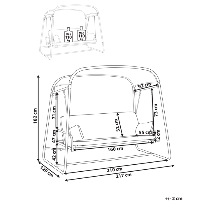 Dondolo da giardino Altalena da patio grigio chiaro con telaio in acciaio a 3 posti per esterni idrorepellente