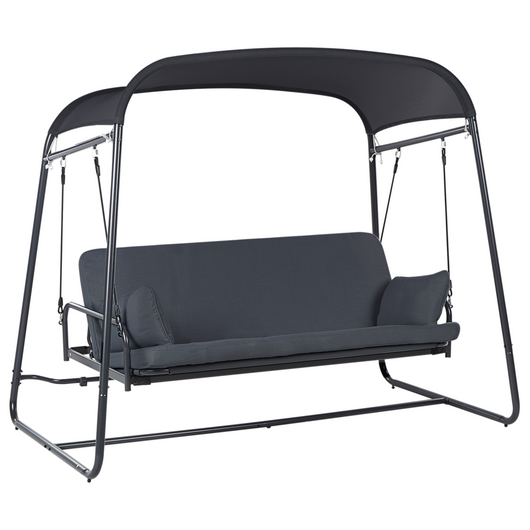 Dondolo da giardino Altalena da patio grigio scuro con telaio in acciaio a 3 posti per esterni idrorepellente