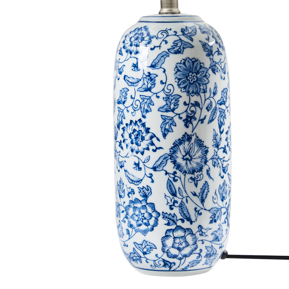 Lampada da tavolo Base in porcellana blu e bianca Paralume in lino ornato da motivi floreali Illuminazione del soggiorno e della camera da letto