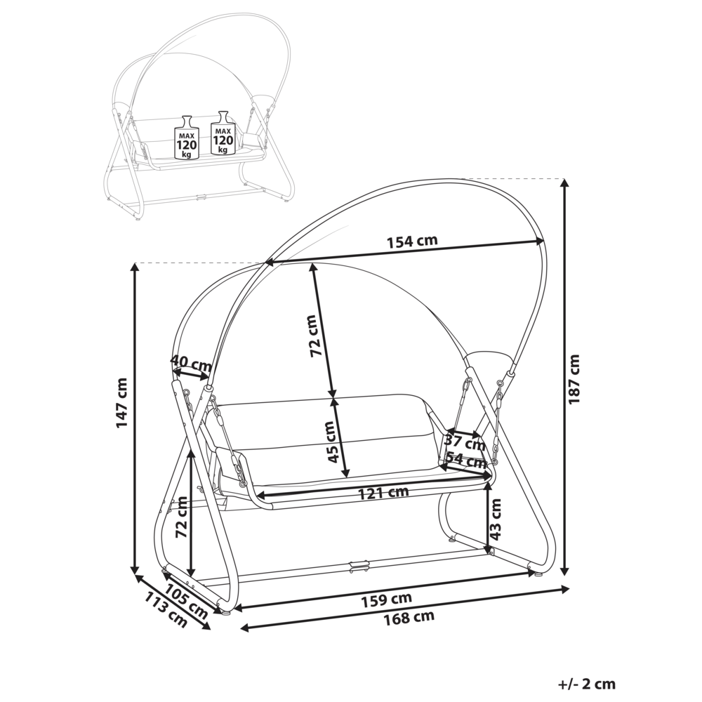Dondolo da giardino grigio scuro con struttura in acciaio a 3 posti per esterni idrorepellente