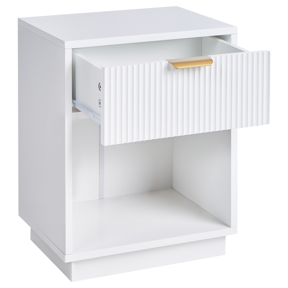 Comodino in MDF con 1 cassetto e maniglia dorata frontale scanalata 1 ripiano Bianco design moderno
