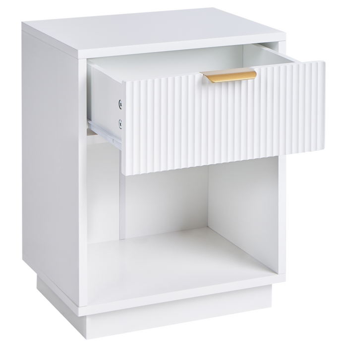 Comodino in MDF con 1 cassetto e maniglia dorata frontale scanalata 1 ripiano Bianco design moderno