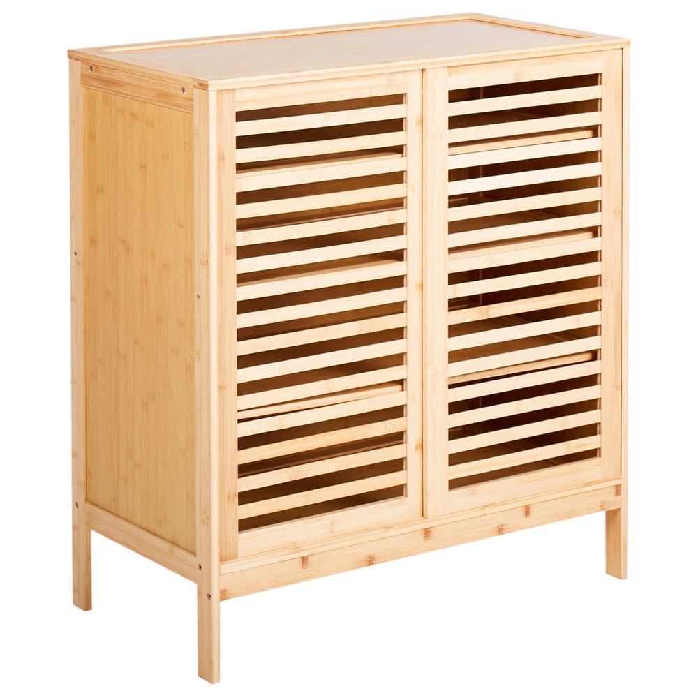 Credenza in bambù Armadietto per scarpe in legno chiaro 2 ripiani con ante scorrevoli in stile bohémien