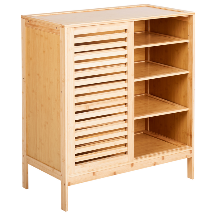 Credenza in bambù Armadietto per scarpe in legno chiaro 2 ripiani con ante scorrevoli in stile bohémien