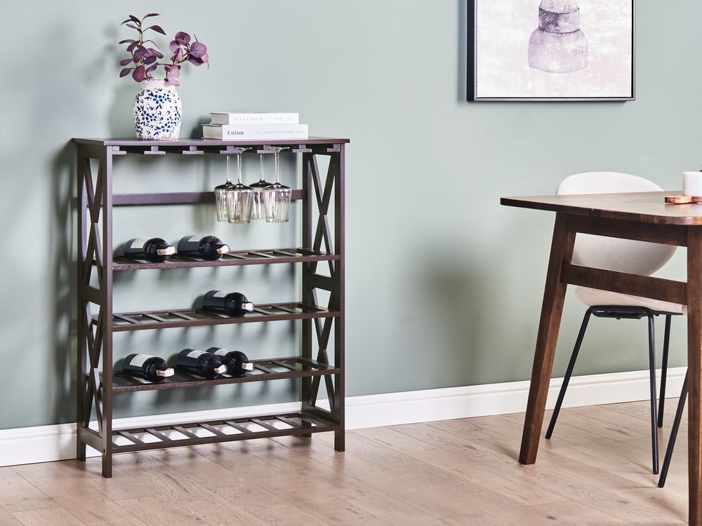 Portabottiglie classico in MDF marrone scuro elegante con gambe legno di pino