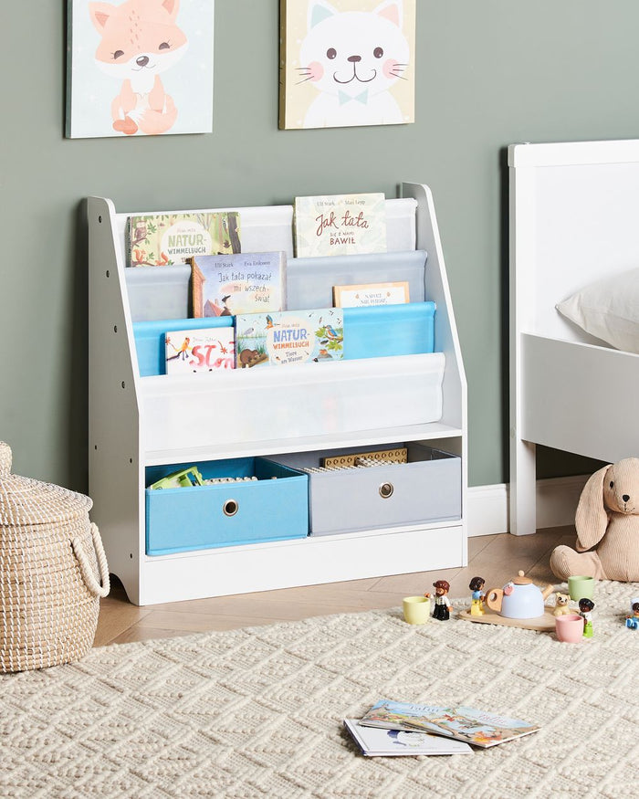 Libreria a 3 livelli in truciolato e tessuto bianco cameretta dei bambini