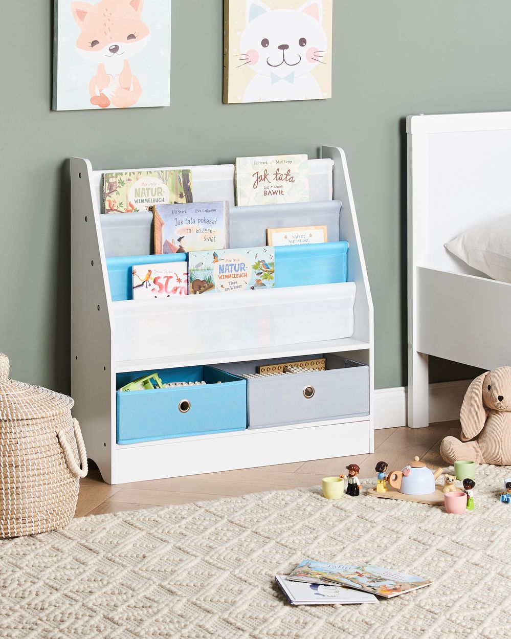 Libreria a 3 livelli in truciolato e tessuto bianco cameretta dei bambini