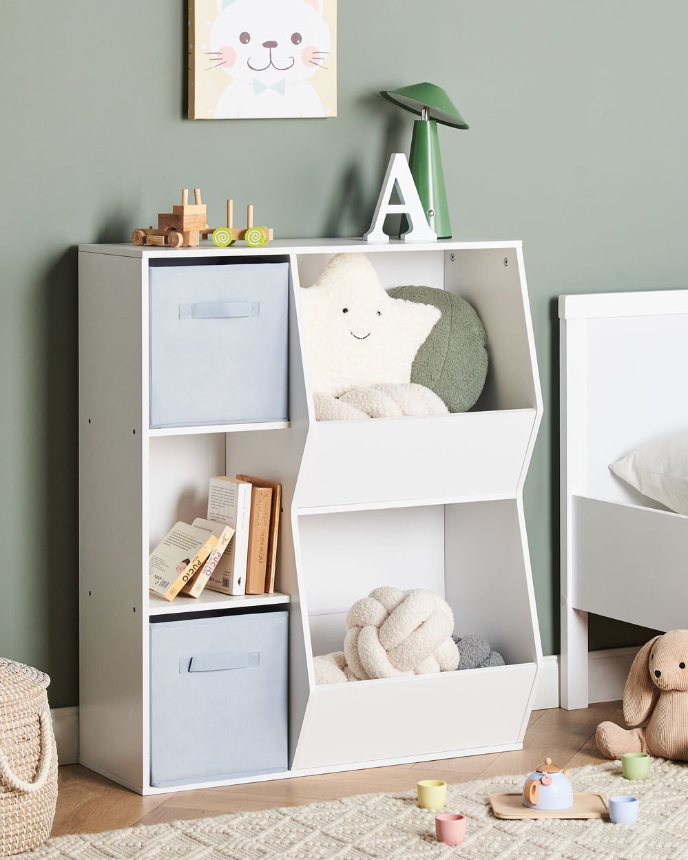 Scaffale Libreria a 3 livelli in truciolato bianco con tessuto non tessuto Scatole con ripiani per la cameretta dei bambini
