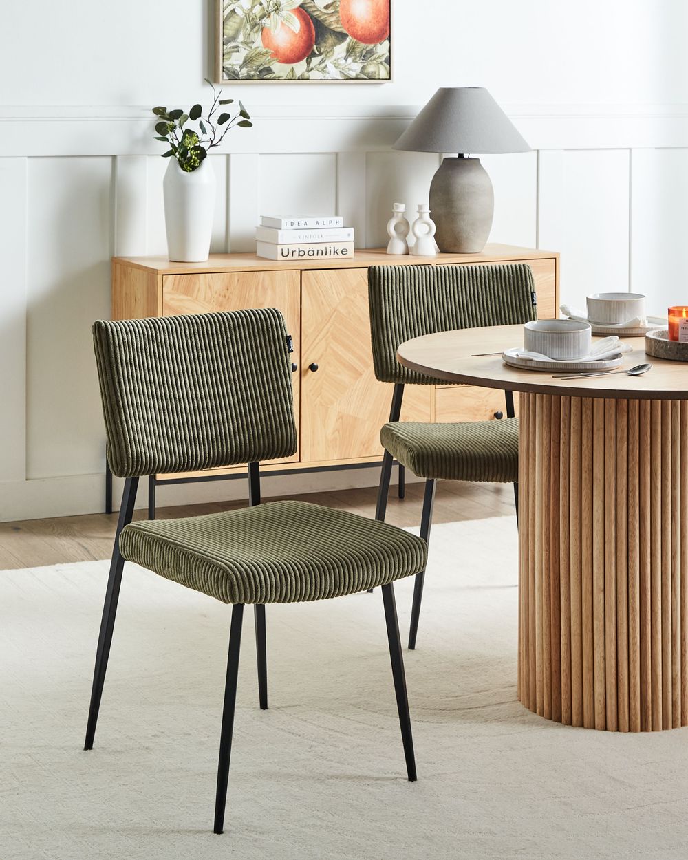 Set di 2 sedie da pranzo in velluto a coste verde oliva  stile retrò seduta rotonda