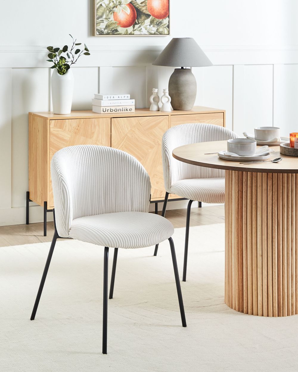 Set di 2 sedie da pranzo in velluto bianco sporco stile retrò seduta rotonda