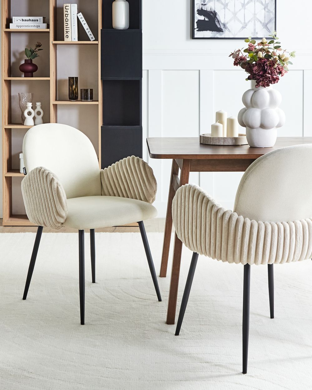 Set di 2 sedie da pranzo in tessuto beige chiaro stile retrò seduta rotonda