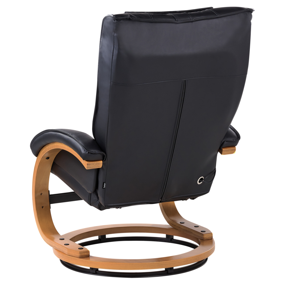 Poltrona reclinabile nera con poggiapiedi in ecopelle imbottita struttura in legno riscaldamento funzione massaggio design retrò