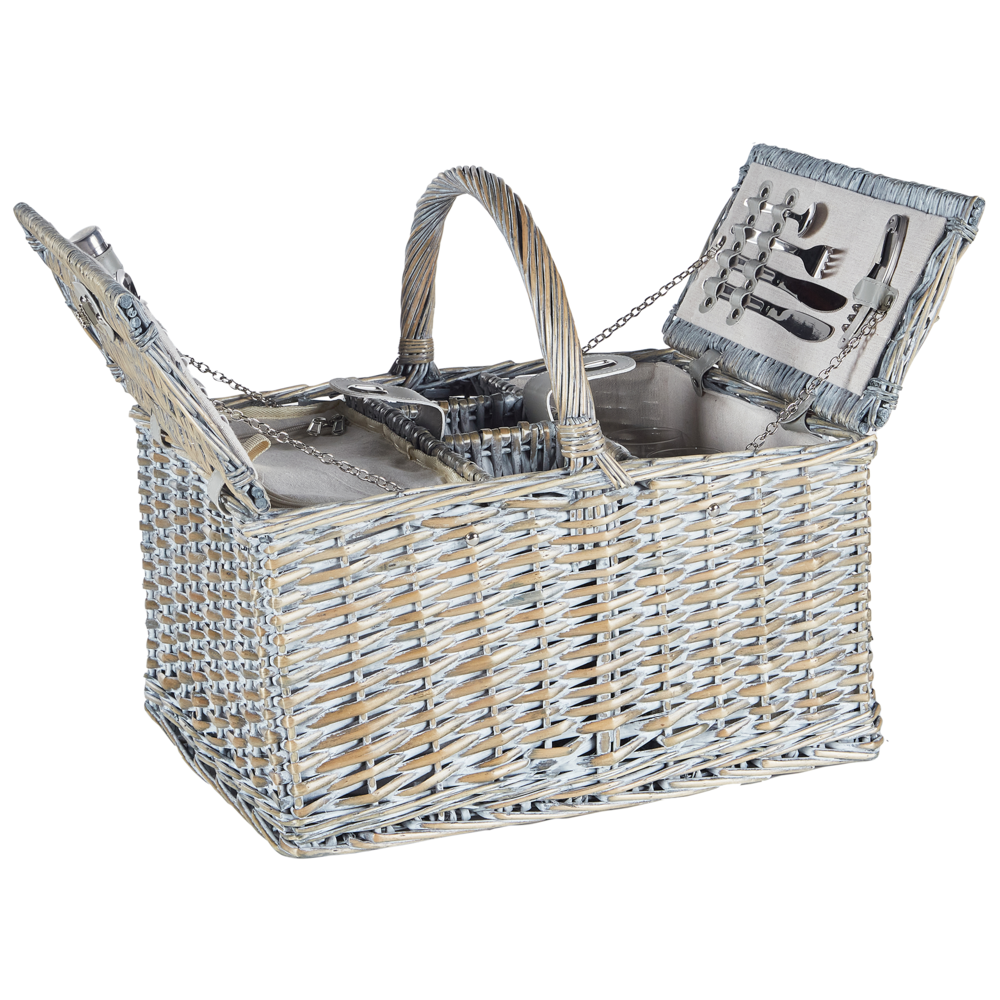 Cesto da picnic in vimini grigio per 4 persone fatto a mano con borsa termica semplice ed elegante