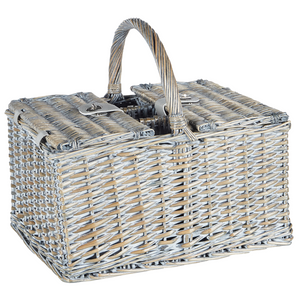 Cesto da picnic in vimini grigio per 4 persone fatto a mano con borsa termica semplice ed elegante