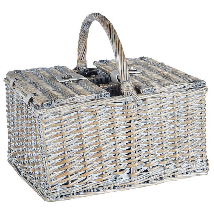 Cesto da picnic in vimini grigio per 4 persone fatto a mano con borsa termica semplice ed elegante