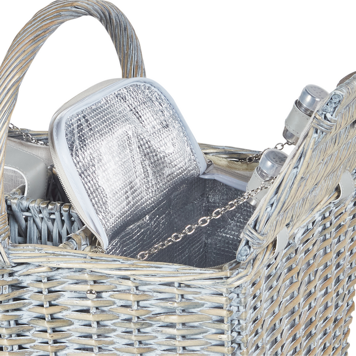 Cesto da picnic in vimini grigio per 4 persone fatto a mano con borsa termica semplice ed elegante