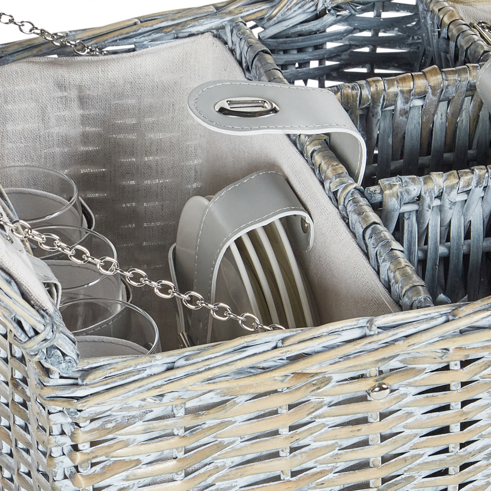 Cesto da picnic in vimini grigio per 4 persone fatto a mano con borsa termica semplice ed elegante