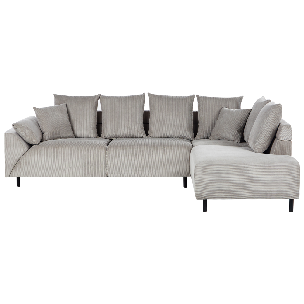 Divano ad angolo in velluto a coste grigio chiaro e gambe in metallo design retrò stile moderno