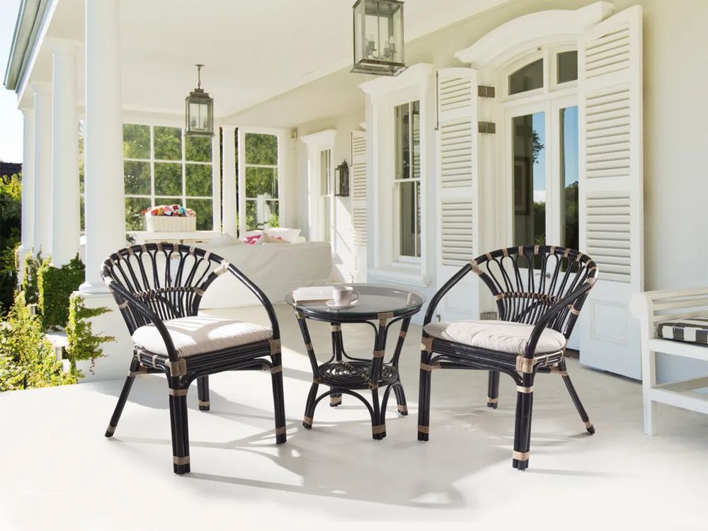 Set bistrot in rattan composto da 2 sedie con cuscini e tavolo fatto a mano nero set da balcone