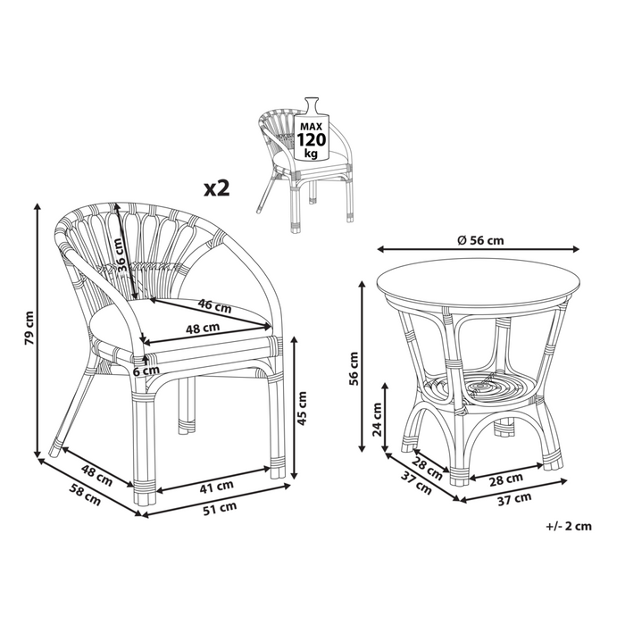 Set bistrot in rattan composto da 2 sedie con cuscini e tavolo fatto a mano nero set da balcone