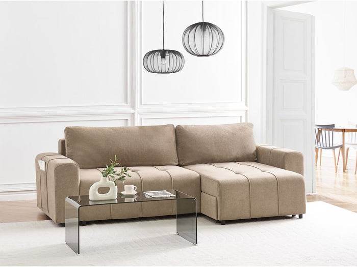 Divano angolare 3 posti rivestito in tessuto a coste con poggiabraccia marrone lato sinistro stile moderno soggiorno