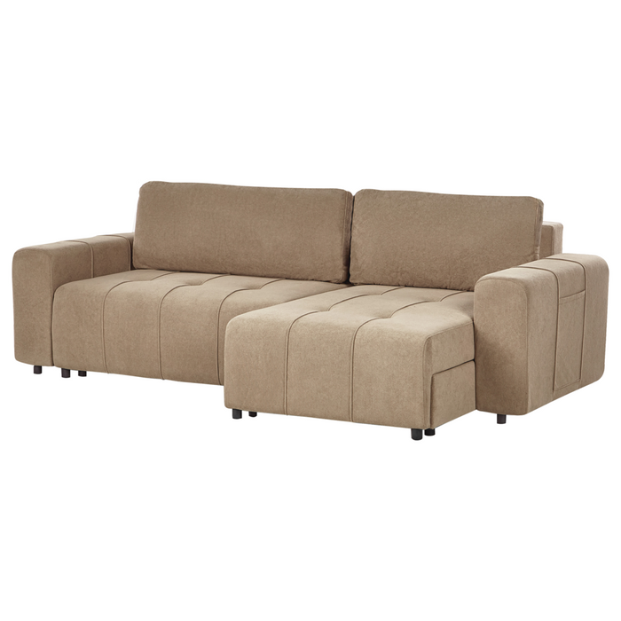 Divano angolare 3 posti rivestito in tessuto a coste con poggiabraccia marrone lato sinistro stile moderno soggiorno