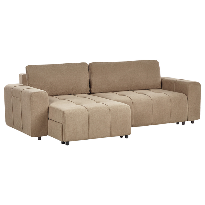 Divano angolare 3 posti rivestito in tessuto a coste con poggiabraccia marrone lato destro stile moderno soggiorno