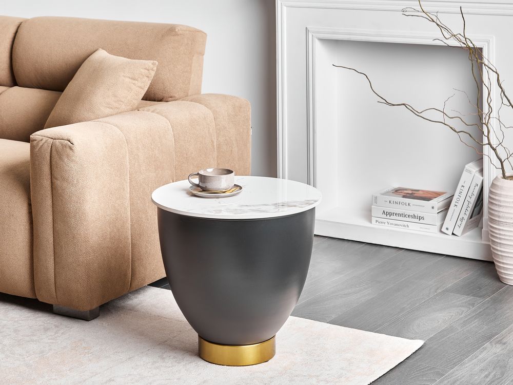 Tavolino Bianco Piano in pietra sinterizzata Base in metallo nero ø 48 cm oro con contenitore Soggiorno design moderno