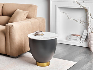 Tavolino Bianco Piano in pietra sinterizzata Base in metallo nero ø 48 cm oro con contenitore Soggiorno design moderno