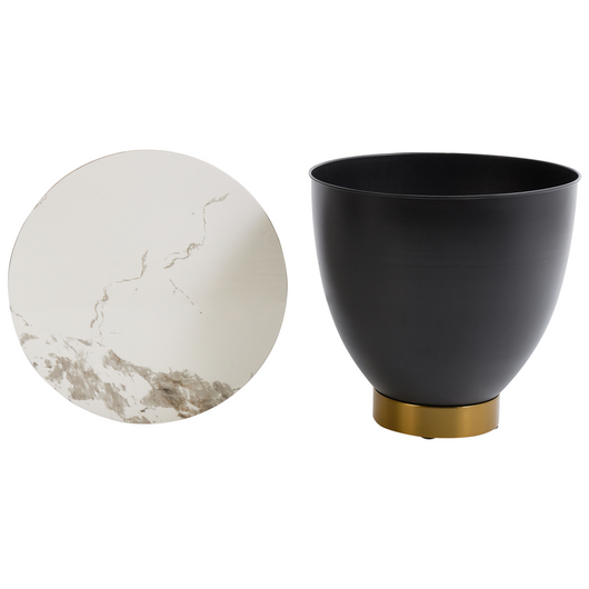 Tavolino Bianco Piano in pietra sinterizzata Base in metallo nero ø 48 cm oro con contenitore Soggiorno design moderno