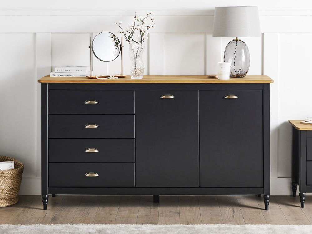 Credenza nera a 2 ante e 4 cassetti, mobile contenitore in stile scandinavo con piano in legno