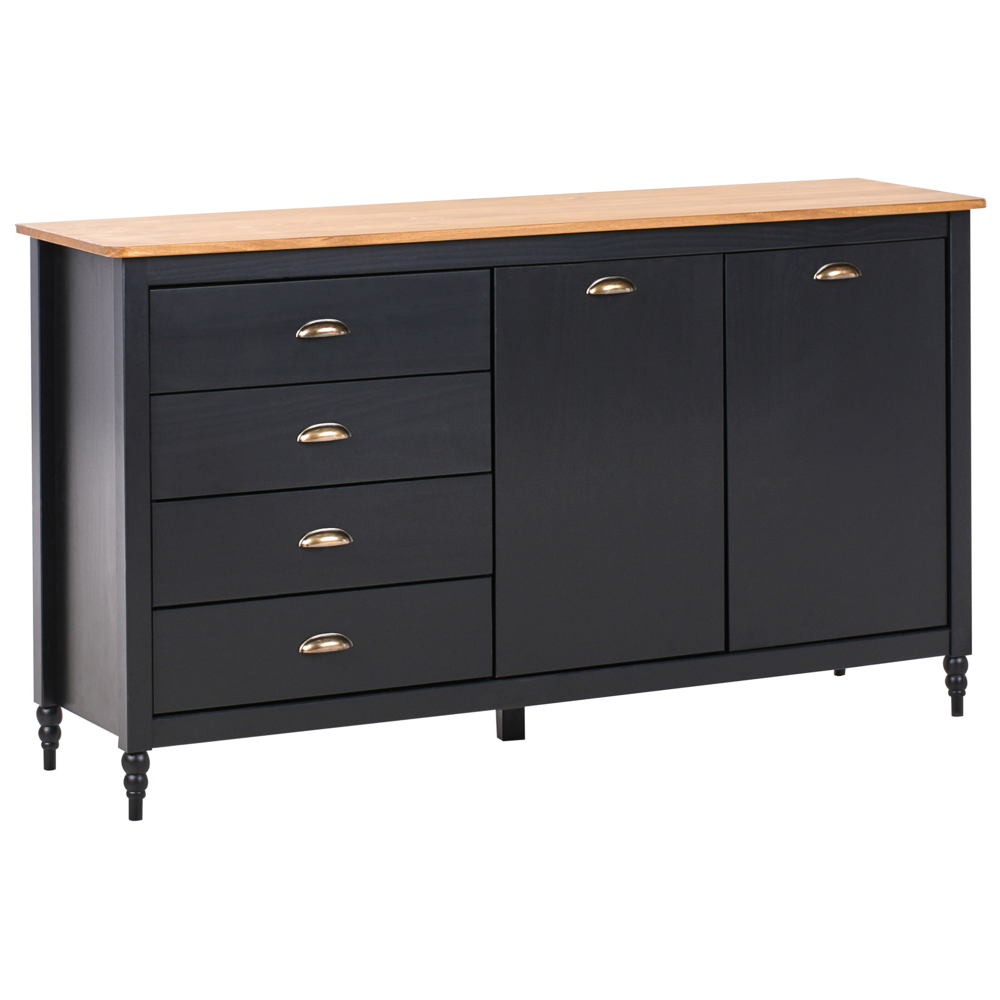 Credenza nera a 2 ante e 4 cassetti, mobile contenitore in stile scandinavo con piano in legno