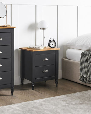 Comodino 2 cassetti retro Comodino 2 cassetti legno chiaro e nero