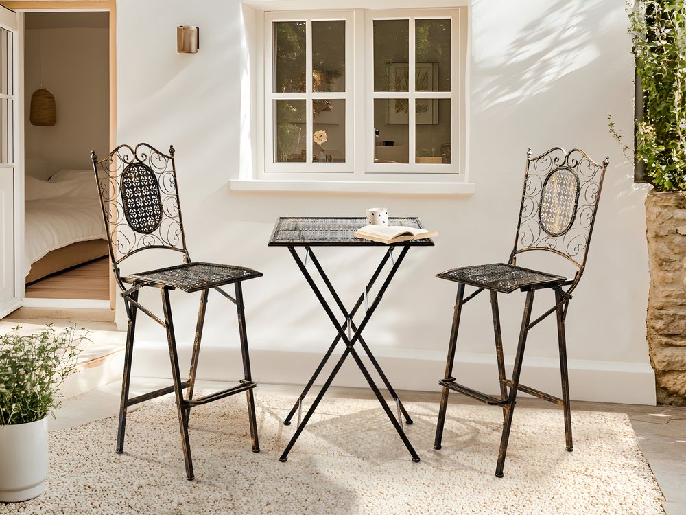 Tavolo da bar da giardino pieghevole con piano in metallo nero effetto anticato stile retrò