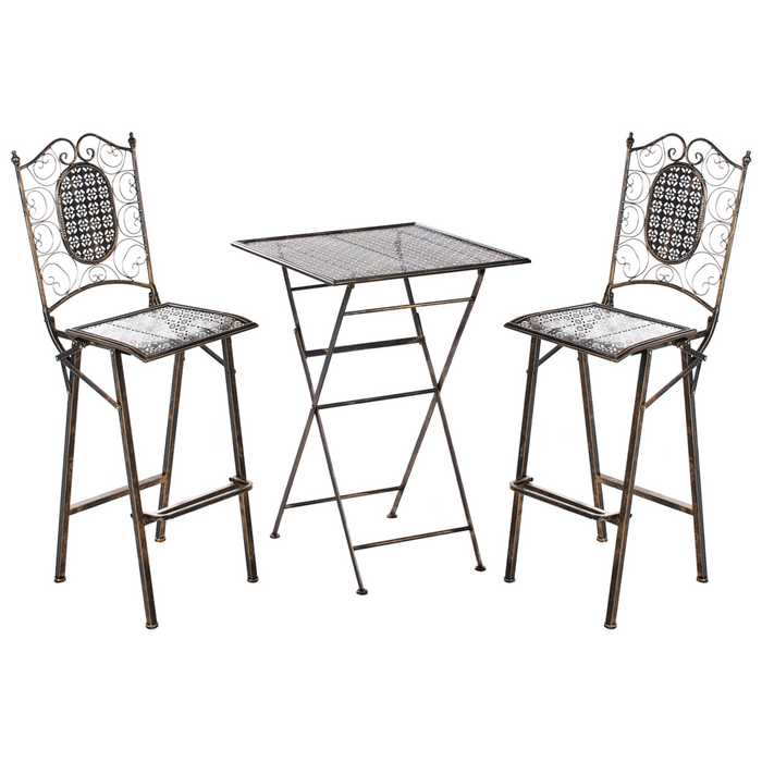 Set bar da giardino Ferro nero pieghevole Metallo afflitto 2 sedie Tavolo all'aperto Resistenza alla ruggine UV Stile retrò francese