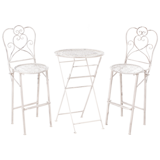 Set bar da giardino Beige Chiaro Ferro pieghevole Metallo afflitto 2 sedie Tavolo all'aperto Resistenza alla ruggine UV Stile retrò francese